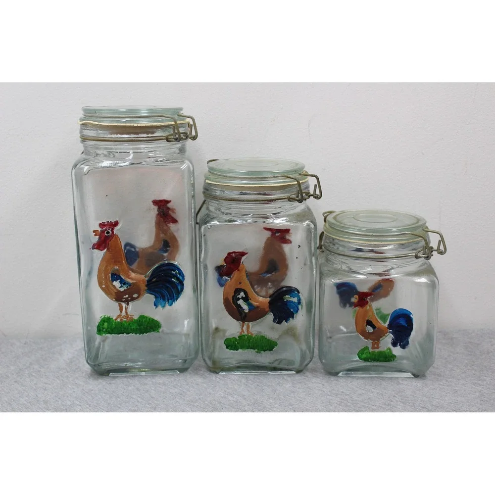 Vintage Hand Painted Rooster Canisters‎ Clear Glass Wire Bale Lid 3pc Set